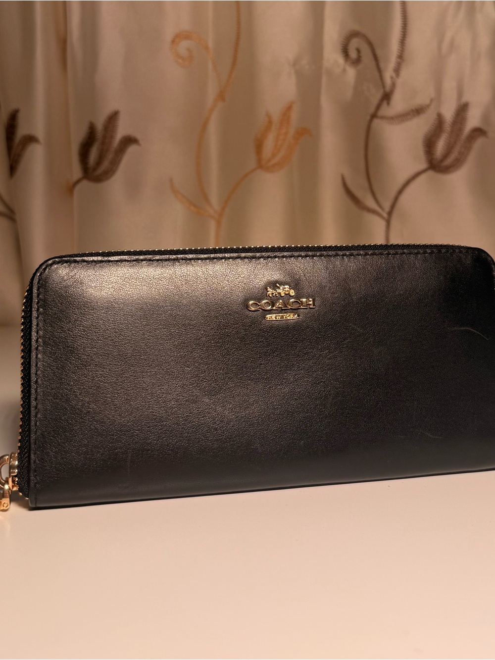 Coach Black Leather Zip-Around Wallet with Gold Logo